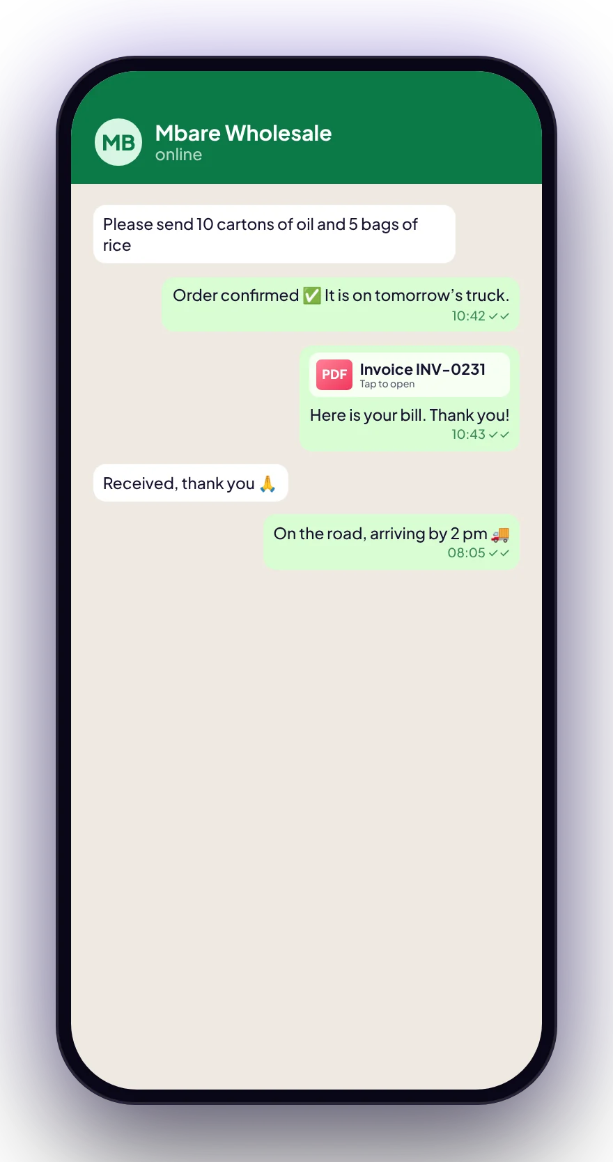 Dukaro app screen: Invoices on WhatsApp