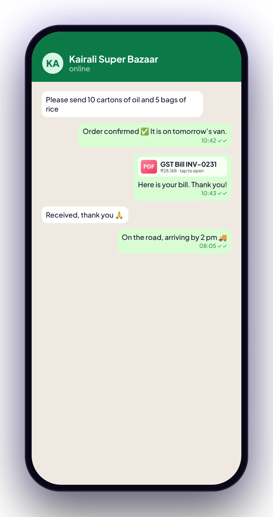 Dukaro app screen: Bills on WhatsApp