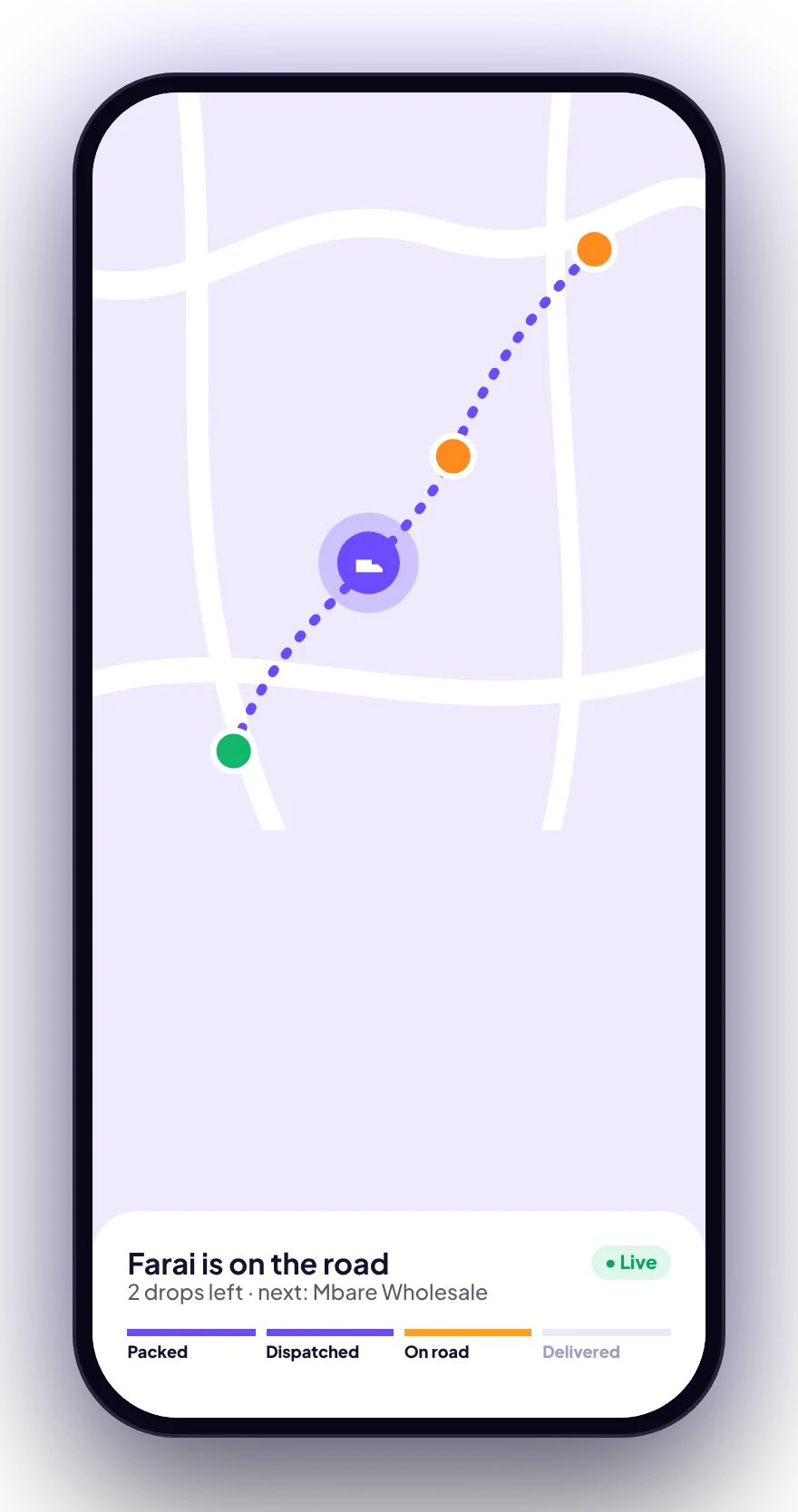 Dukaro app screen: Live delivery