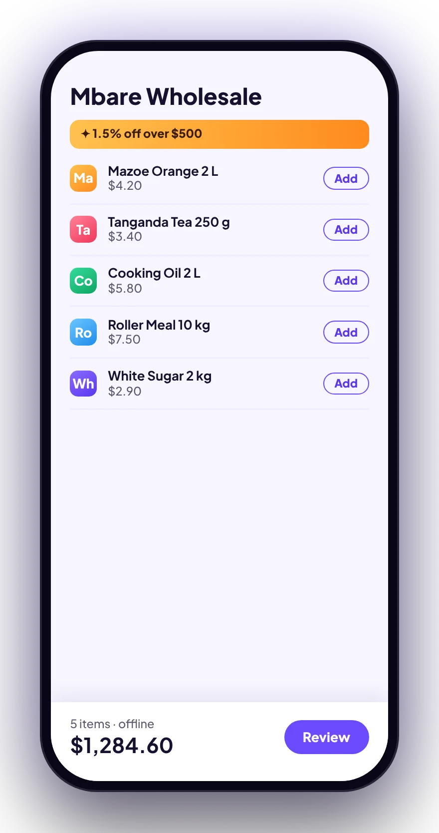 Dukaro app screen: Offline orders